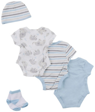 Thumbnail 2: Baby Essentials Baby Boy's 5 Pc Bodysuit Sock Hat Set 
