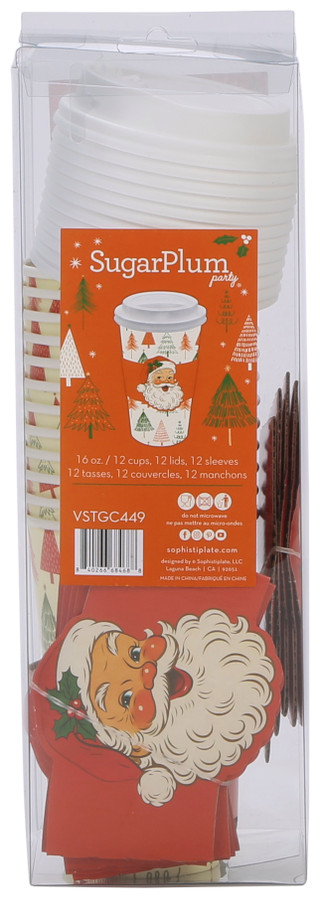 Thumbnail 1: Sugar Plum Party 12 Pk 16 oz Christmas Santa Paper To-Go Cups w/ Lids 