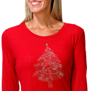Thumbnail 1: Coral Bay Women's Petite Scoop Neck Christmas Tree Bling Tee 