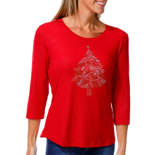 Thumbnail 3: Coral Bay Women's Petite Scoop Neck Christmas Tree Bling Tee 