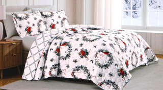Thumbnail 1: Lenox 3 Pc Christmas Poinsettia Queen Reversible Quilt Set  