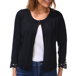 Thumbnail 3: Nina Leonard Women's 3/4 Pearl Embossed Sleeve Bolero Shrug Jacket  