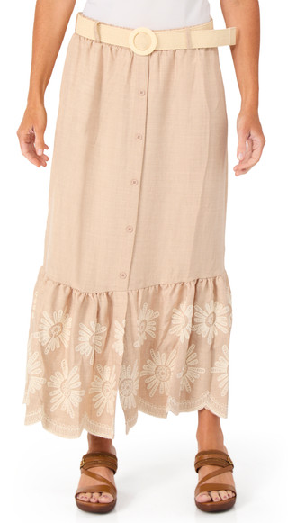 Thumbnail 1: Ana & Rose Women's Belted & Embroidered Hem Skirt w/ Buttons 