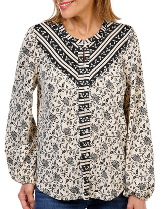 Thumbnail 2: Bobeau Women's Long Sleeve Mixed Print Button Up Top 