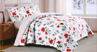 Thumbnail 1: Lenox 3 Pc Christmas Poinsettia Full/Queen Reversible Quilt Set  