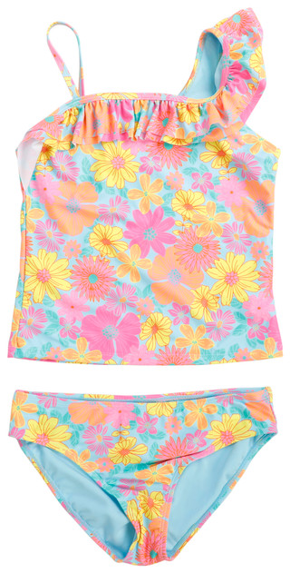 Thumbnail 2: Breaking Waves 2 Pc Girls Flower Print Ruffle  Tankini  