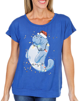 Thumbnail 3: Chubby Mermaids Women's Short Sleeve Christmas Manatee Graphic Tee  