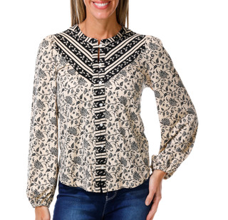 Thumbnail 2: Bobeau Women's Petite Long Sleeve Casual Button Up Print Top 