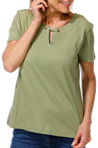 Thumbnail 1: Coral Bay Women's Petite Short Sleeve Split Neck Eyelet Top 