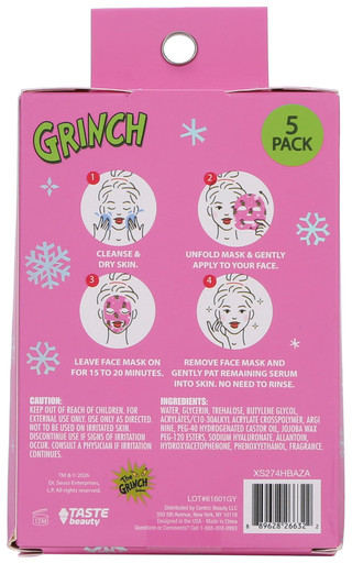 Thumbnail 1: THE GRINCH 5 Pk Hyaluronic Acid Printed Sugar Cookie Scented Face Mask  