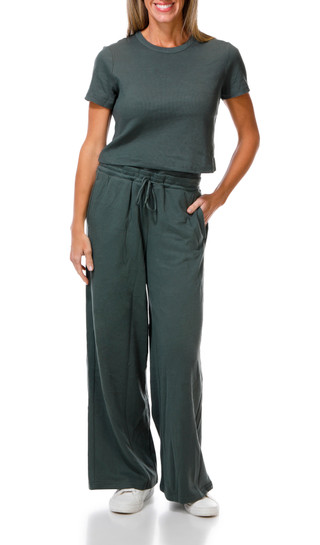 Thumbnail 3: HARMONY & BALANCE Women's 2 Pc Ribbed Tee Wide Leg Pant Set 