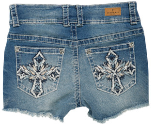 Thumbnail 2: GEMMA RAE Juniors Cross Bling Back Fray Hem Shorts 