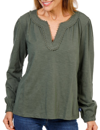 Thumbnail 1: Lands End Women's Crochet Trim Split Neck Top 