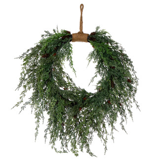 Thumbnail 1: 28 in Christmas Cedar Wreath with Pinecones & Rope Hanger 