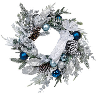 Thumbnail 1: Supreme Silk 26 In Ball Berry Pine Christmas Wreath w/ Ribbon  