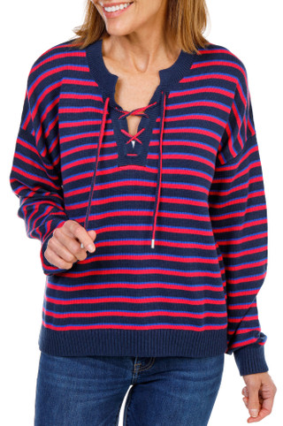 Thumbnail 1: Southern Tide Women's Long Sleeve Striped Lace-Up Sweater 