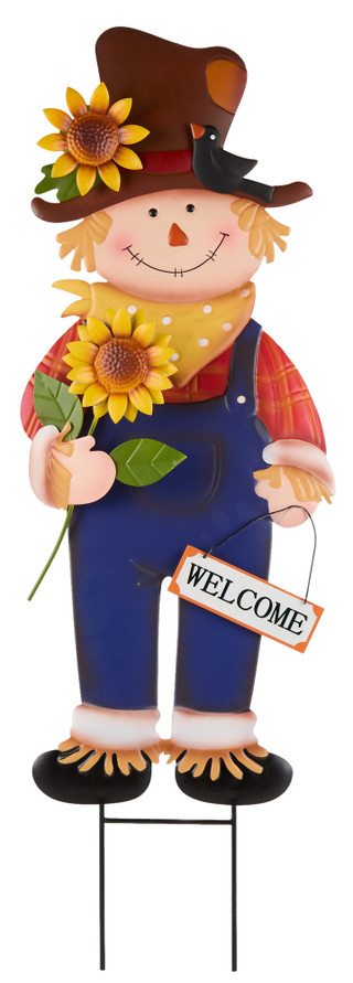 Thumbnail 1: Autumn Gatherings 33 in Harvest Smiling Scarecrow with Sunflower Yard Stake 