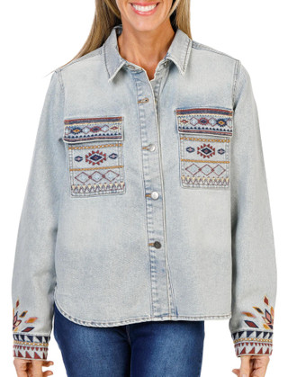 Thumbnail 1: DW Women's Aztec Embroidered Button Up Denim Jacket 