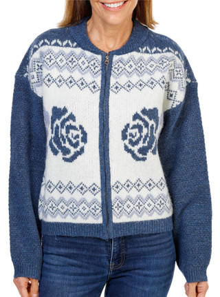 Thumbnail 1: Lucky Brand Women's Zip Up Bomber Sweater with Roses 
