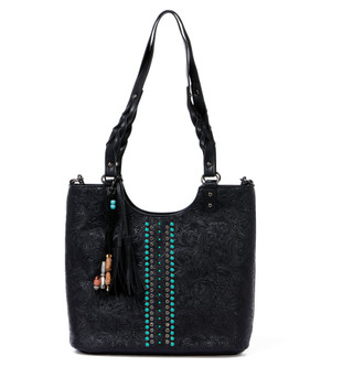 Thumbnail 1: Anneliese Embossed Braided Handled Tote with Bead & Tassel Charms 