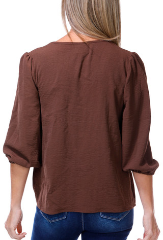 Thumbnail 1: Bobeau Women's 3/4 Sleeve Embroidered Front V Neck Top 