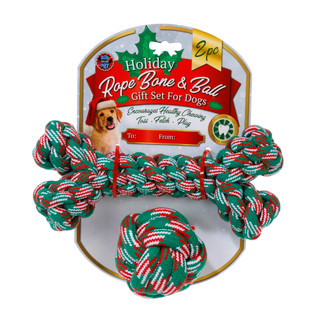 Thumbnail 2: Bow Wow Pet 2 Pc Christmas Rope Bone & Ball Pet Toy Gift Set 