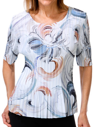 Thumbnail 3: Milano Women's Elbow Length Sleeve Pleated Crew Neck Print Top 
