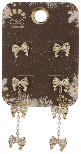 Thumbnail 1: C&C California 2 Pc Gold Tone Rhinestone Bow Earrings Set 