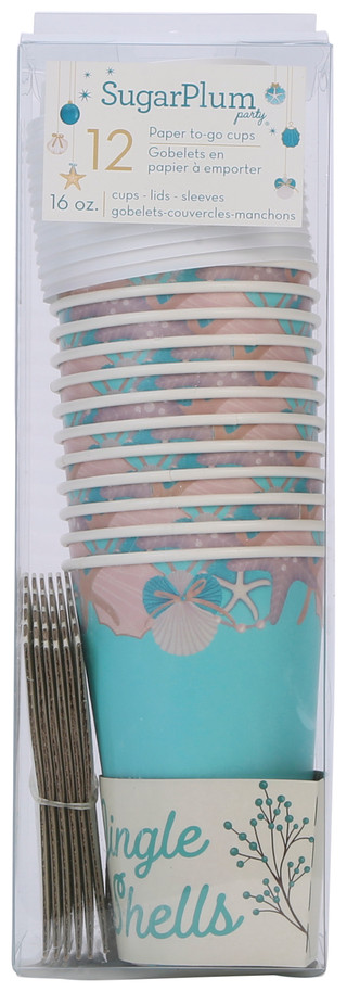 Thumbnail 1: Sugar Plum Party 12 Pk 16 oz Jingle Shells Christmas Paper Cups w/ Lids  