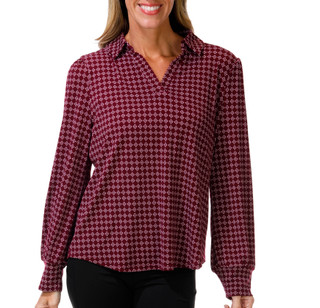 Thumbnail 1: Adrianna Papell Women's Long Sleeve Geo Print Collared Top 