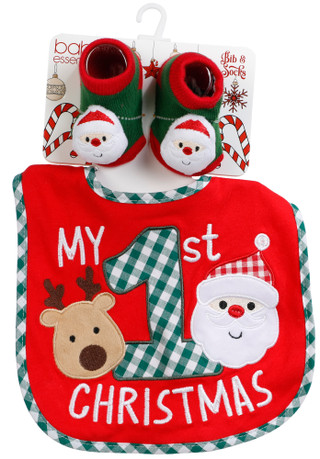 Thumbnail 2: Baby Essentials Baby 2 Pc My 1st Christmas Bib & Socks Set 