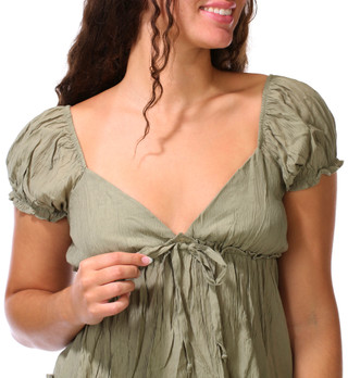 Thumbnail 1: LILY STAR Juniors Short Sleeve Boho Tie Front Peplum Top 