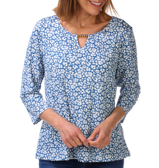Thumbnail 1: Hearts of Palm Women's Petite 3/4 Sleeve Bitsy Blossom Crinkle Top  