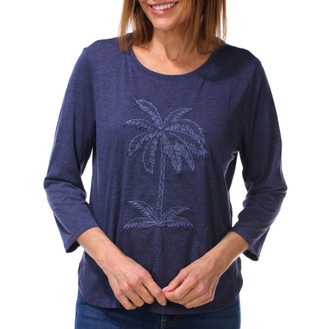 Thumbnail 1: Caribbean Joe Women's 3/4 Sleeve Crew Neck Embroidered Palm Top  