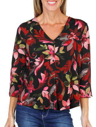 Thumbnail 3: ZAC AND RACHEL Women's Petite Long Sleeve V-Neck Floral Print Top  