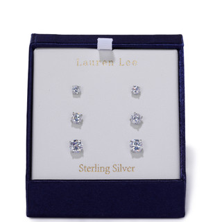 Thumbnail 1: Lauren Lee 3 Pk Silver Tone Crystal Stud Earrings Set 
