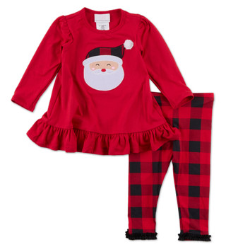 Thumbnail 1: Bonnie Baby Baby Girls 2 Pc Christmas Santa Face & Plaid Pants Set 