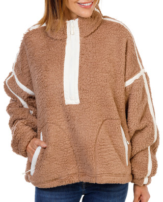 Thumbnail 1: HARMONY & BALANCE Women's Teddy Mock Neck Jacket w/ Contrast Woven Trim 