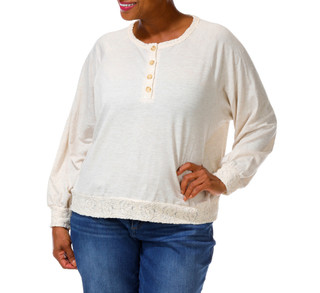 Thumbnail 1: Bobeau Women's Plus Long Sleeve Lace Trim Top 