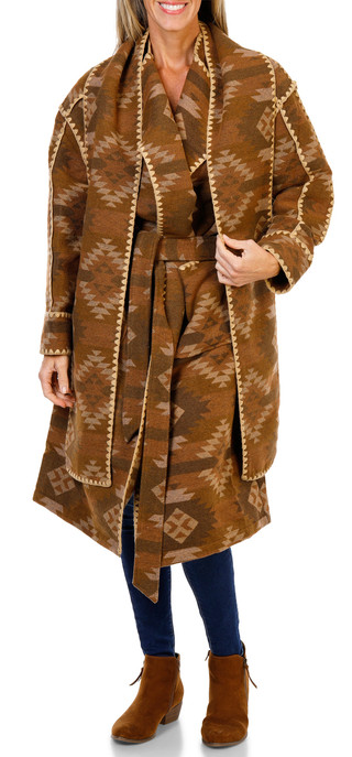 Thumbnail 1: MISS ME Women's Aztec Print Belted Wrap Coat  