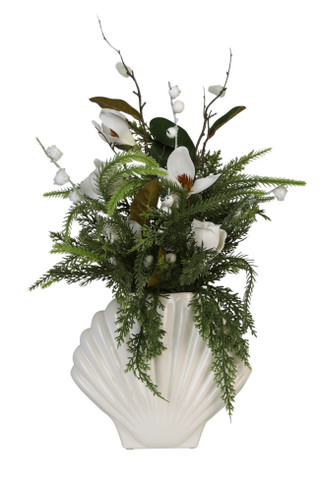 Thumbnail 3: Casey Key 18 in Christmas Magnolias w/ Evergreens in Shell Vase Decor 