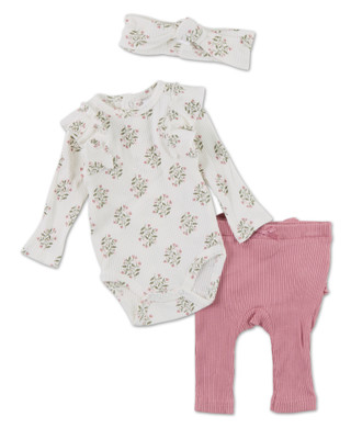 Thumbnail 1: Catherine Malandrino Baby Girls 3 Pc Ruffled Bodysuit, Pants & Headband Set 