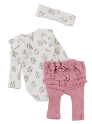 Thumbnail 2: Catherine Malandrino Baby Girls 3 Pc Ruffled Bodysuit, Pants & Headband Set 