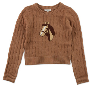 Thumbnail 1: No Comment Big Girls Horse Embroidered Cable Knit Sweater 