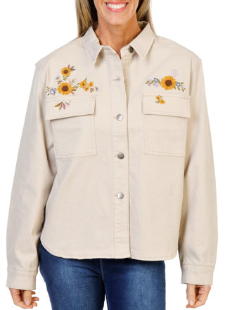 Thumbnail 1: DW Women's Sunflower Embroidered Button Up Jacket  