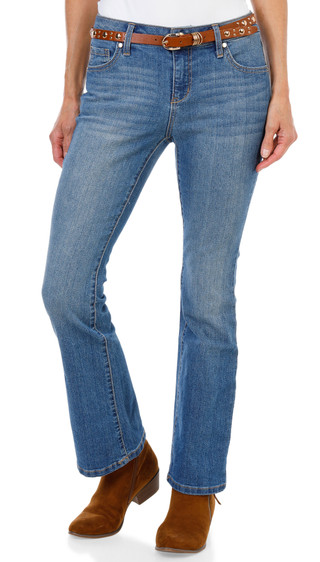 Thumbnail 1: 1822 Women's Petite 5 Pocket Boot Cut Jeans with Studded Belt 