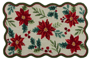 Thumbnail 1: Bells & Mistletoe 20x32 Christmas Holly Berry Scalloped Edge Decorative Rug 