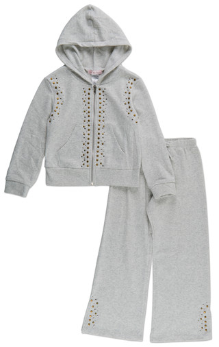 Thumbnail 1: Love Squared Girls Girls 2 Pc Studded Fleece Zip Up Hoodie & Wide Leg Pants Set 