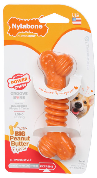 Thumbnail 1: Nylabone 4 in Small Peanut Butter Flavor Groove Bone For Dogs 