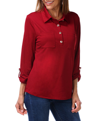Thumbnail 1: PerSeption Concept Women's 3/4 Sleeve Button Front Collared Top 